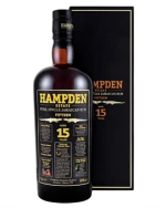 Klar flaske med lyst etiket og rødt Hampden Estate-logo, ældre udgave